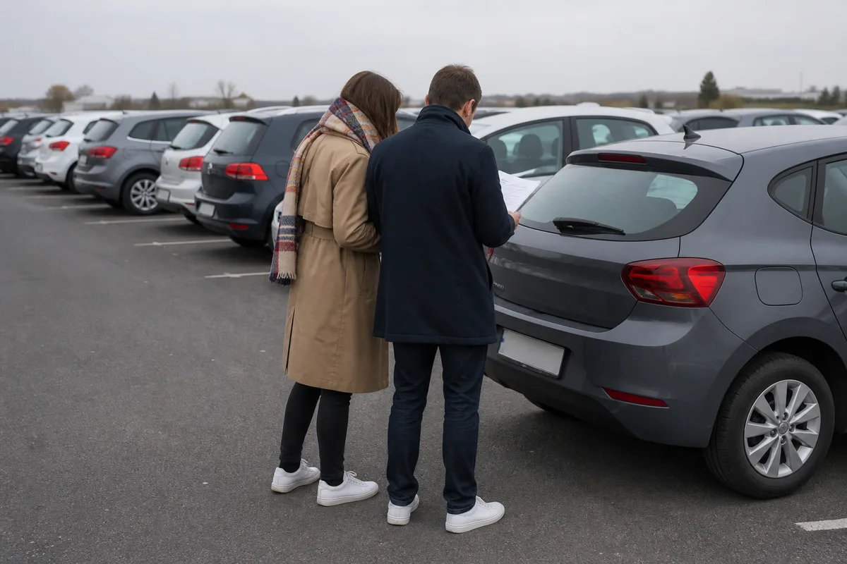 Deux personnes examinant les documents d&rsquo;une voiture d&rsquo;occasion sur un parking