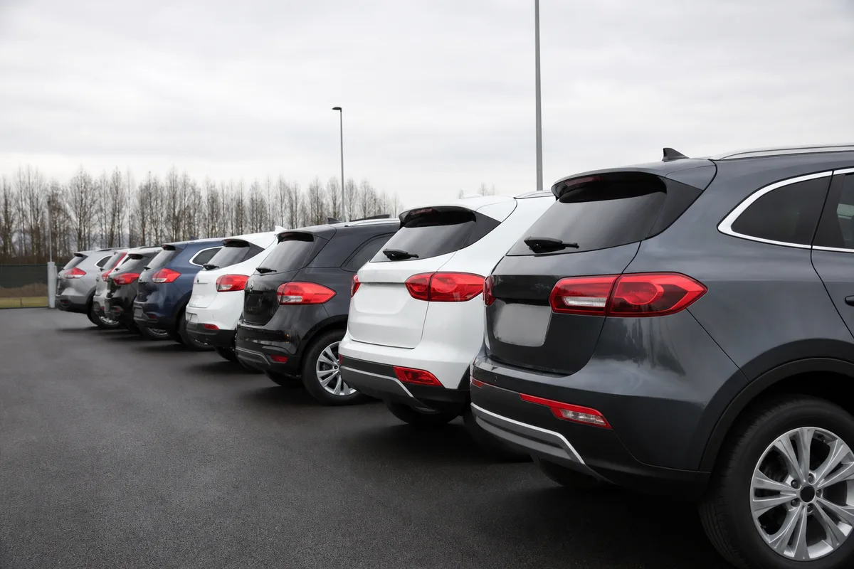 Rangée de voitures d&rsquo;occasion alignées sur un parc de vente