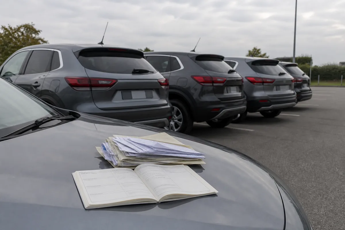 Carnet d’entretien et liasse de factures posés sur le capot d’une voiture