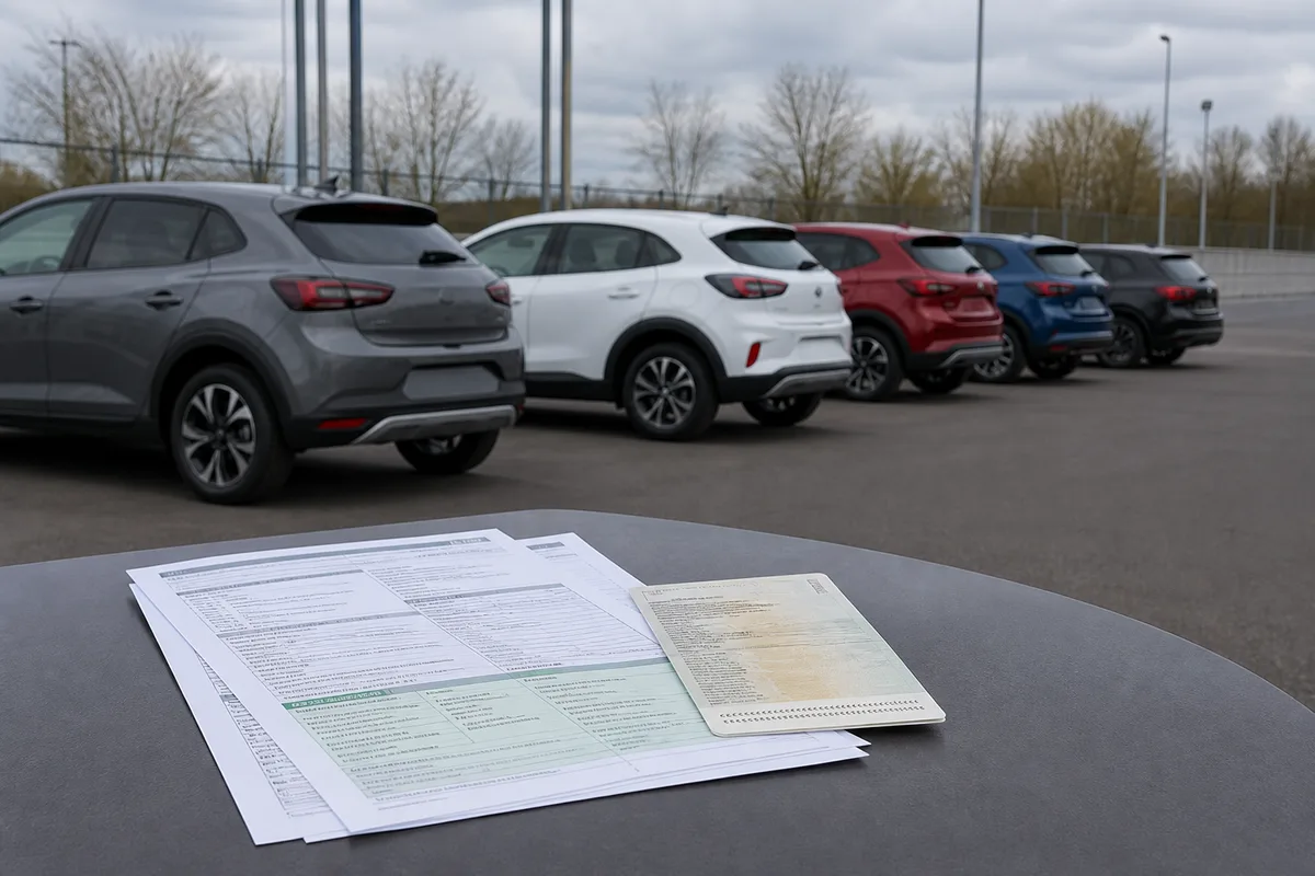 Rapport de contrôle technique et certificat d’immatriculation étalés sur une table