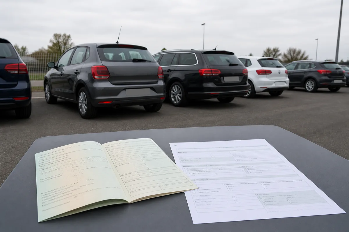 Certificat d’immatriculation et certificat de cession posés sur une table