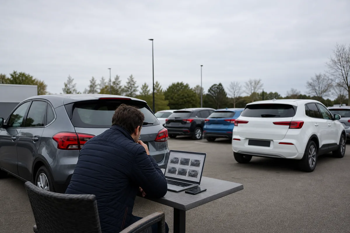 Personne comparant des annonces de voitures d’occasion sur un écran