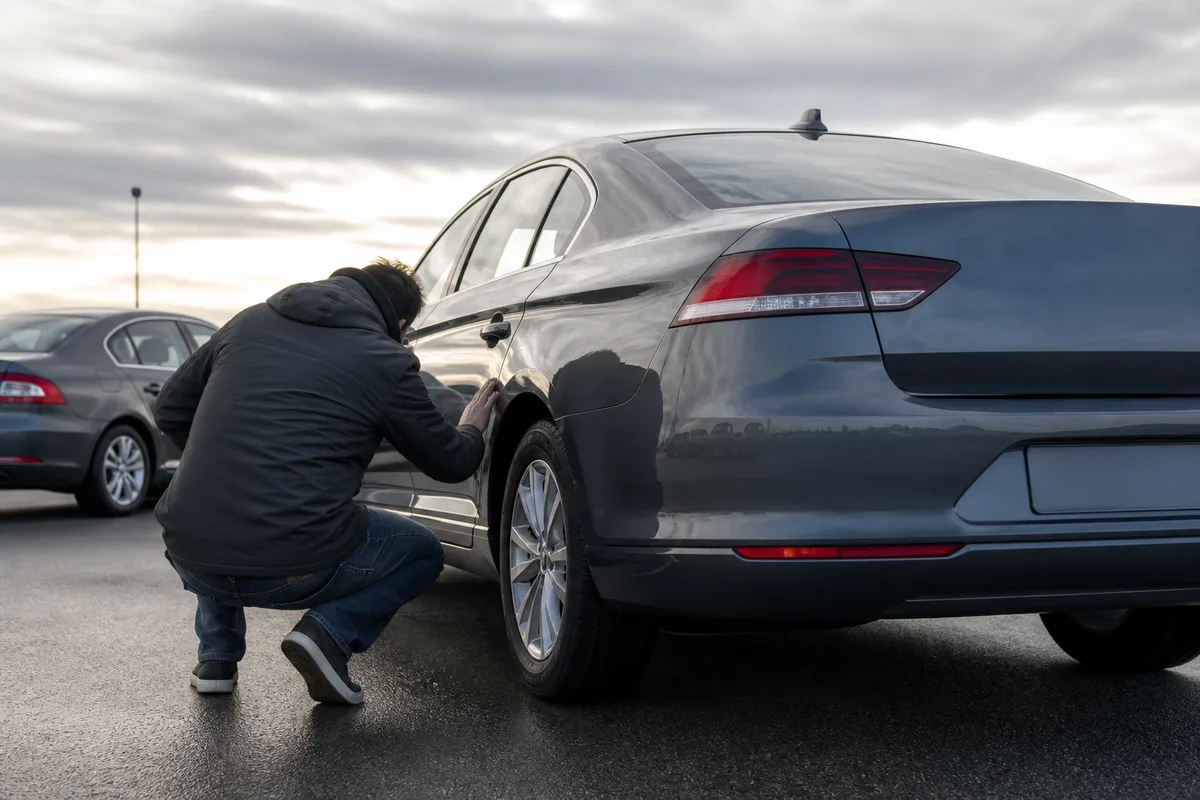 Acheteur inspectant la carrosserie d’une berline d’occasion sous une lumière rasante