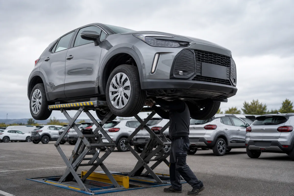Mécanicien examinant la structure avant d&rsquo;un véhicule sur un pont élévateur