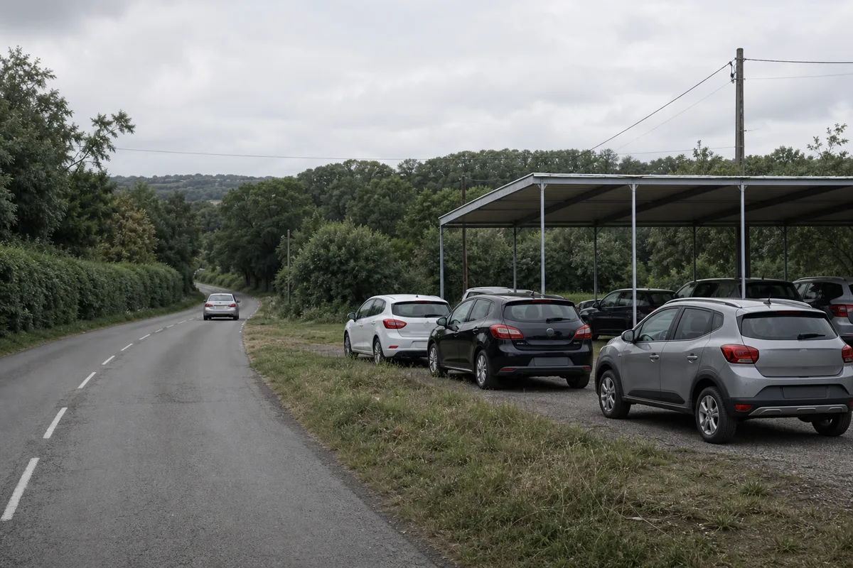 Route de campagne bordée de haies avec une voiture qui circule
