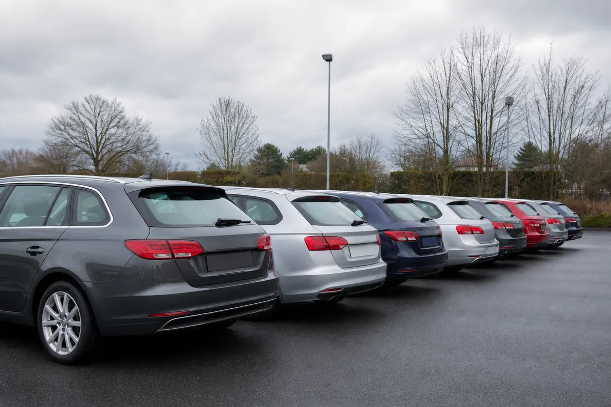 Alignement de voitures d’occasion sous un ciel d’hiver
